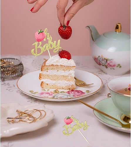Miniatura 5 de 24 decoraciones para cupcakes de fresa Oh Baby con purpurina para cupcakes de verano con fresa, baby shower, suministros de fiesta de cumpleaños de