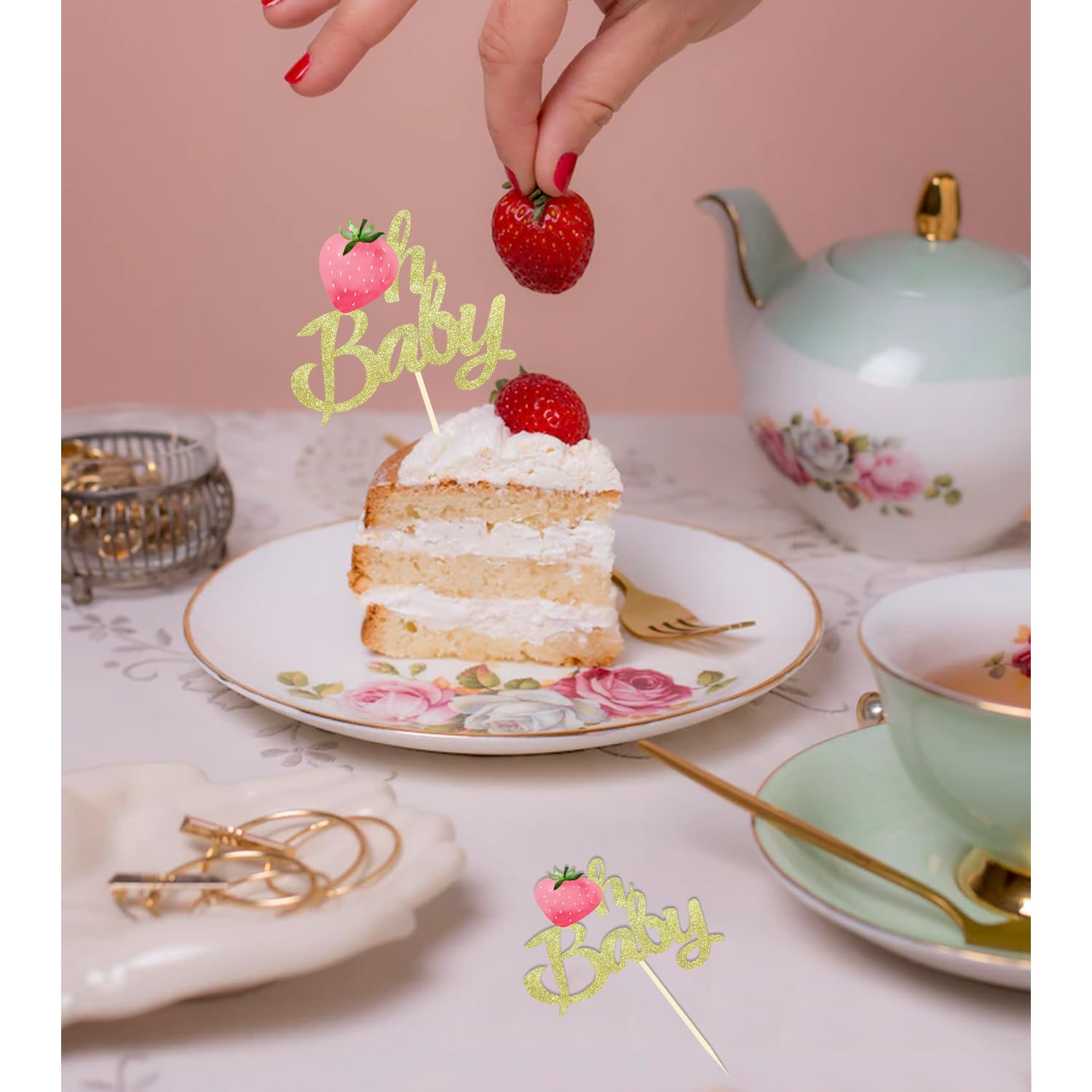 36 Pcs Strawberry 'Oh Baby' Cupcake Toppers – Pre-Assembled Glitter Decor For Baby Showers
