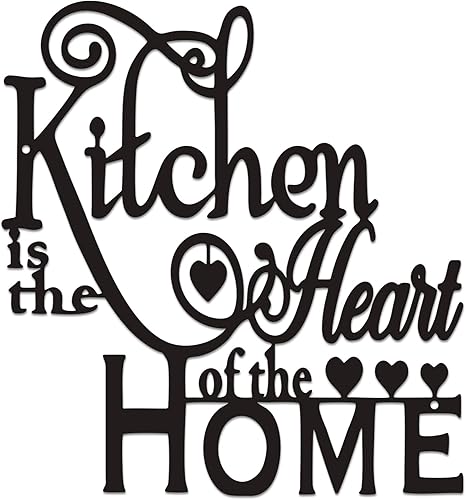 Decoración de pared de cocina, moderna escultura de pared de metal negro "Kitchen is the Heart of the Home", arte de pared impermeable para cocina y