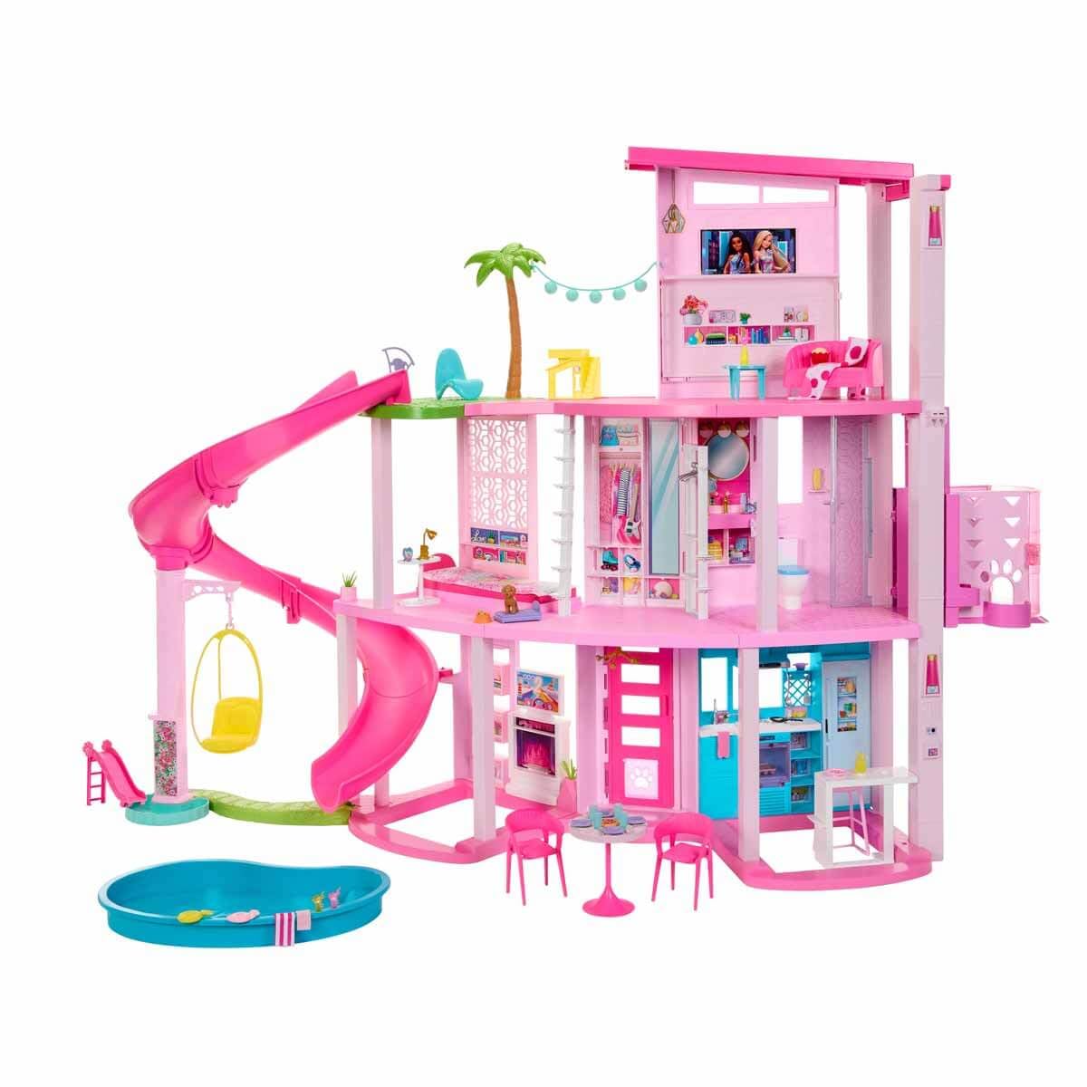 Barbie Coffret Maison de Rêve Poupée Mannequin, Design en Spirale sur 3 Niveaux, 10 Espaces de Vie Inclus Piscine, Toboggan, et Ascenseur, 75Accessoires Inclus,Jouet pour Enfant de 3 ans et Plus,HMX10
