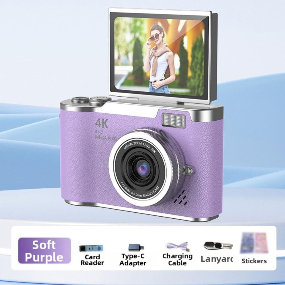 Fotocamera digitale 4K con schermo flip a 180°, compatta da 48 MP per videocamera con zoom 8x, per studenti e principianti, videoregistratore portatile per vlogging e viaggi (viola)