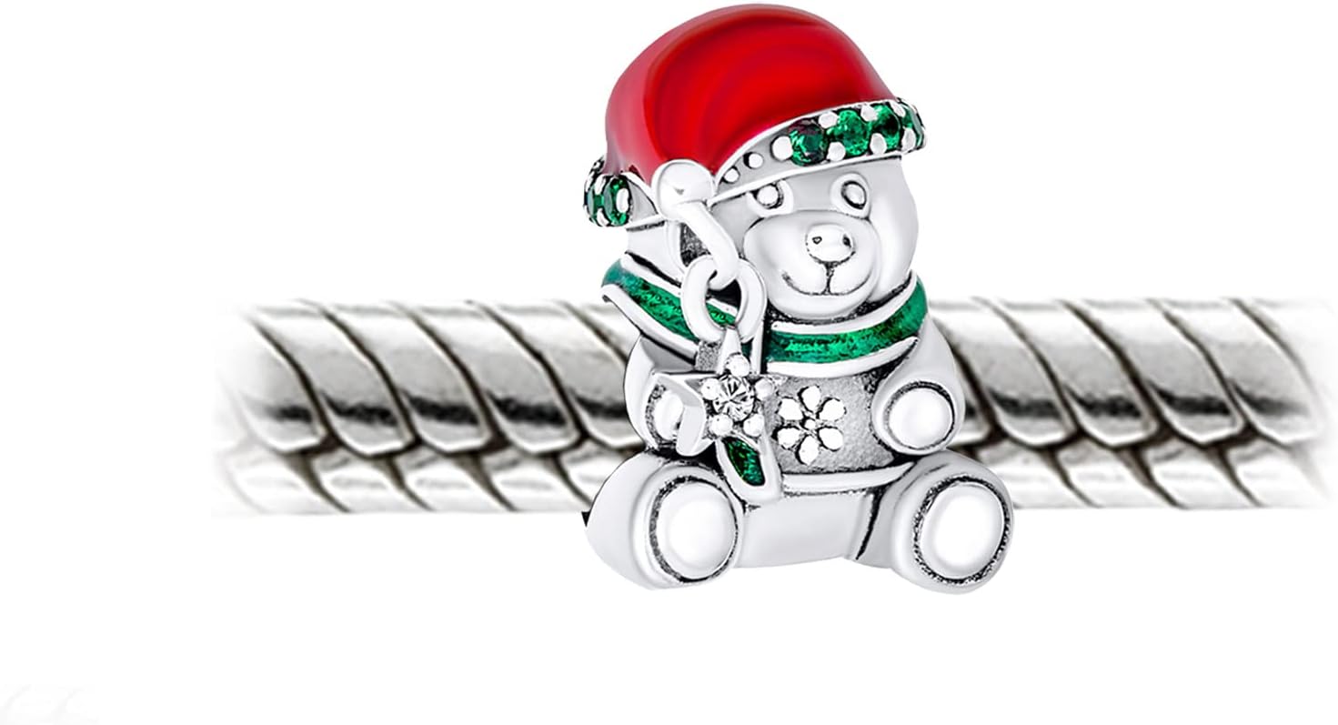 Bling Jewelry Holiday Fun Cute Stuffed Animal Green Scarf Red Hat Christmas Teddy Bear Charm Bead For Women Tween Daughter .925 Sterling Silver Fits European Bracelet