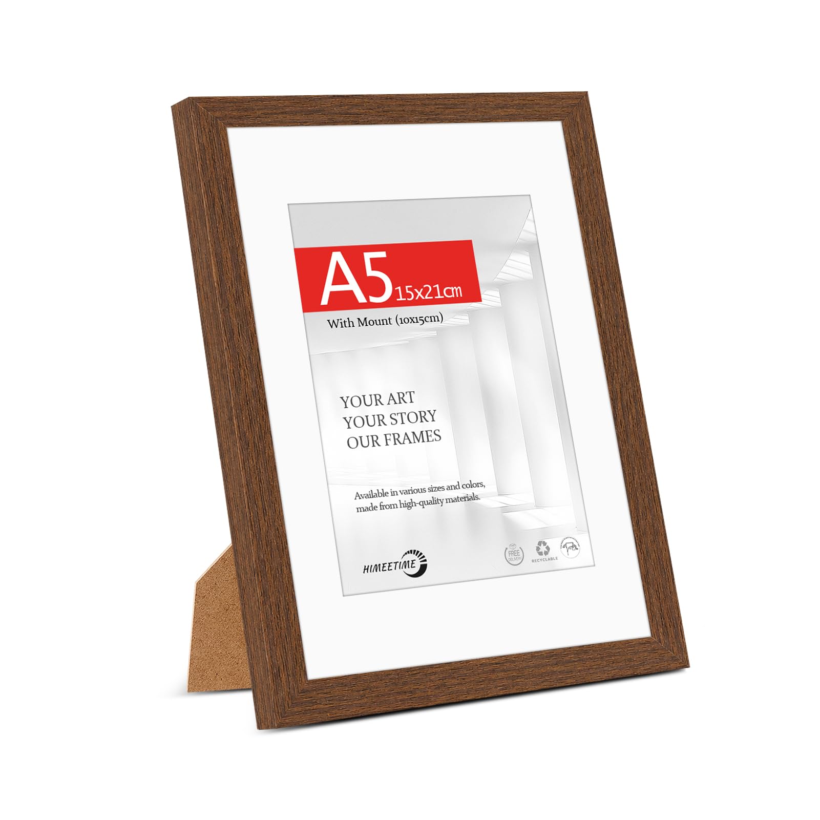 HIMEETIME® 1x A5(14.8x21cm) Picture Frame Brown Wood,A5 Photo Frame with Mount for 10x15cm —Includes HD Perspex and Stand for Tabletop or Wall Hanging