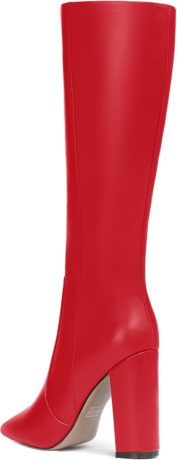 WAYDERNS Women's Matte Leather Thick Pointed Toe Zip Block High Heel Knee High Boots 4 Inch