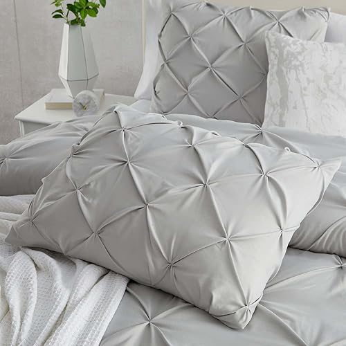 Miniatura 4 de Juego de funda de edredón de 3 piezas, color plateado, tamaño Queen, 1 funda de edredón de 90 x 90 pulgadas, cierre de botón y 2 fundas de almohada,