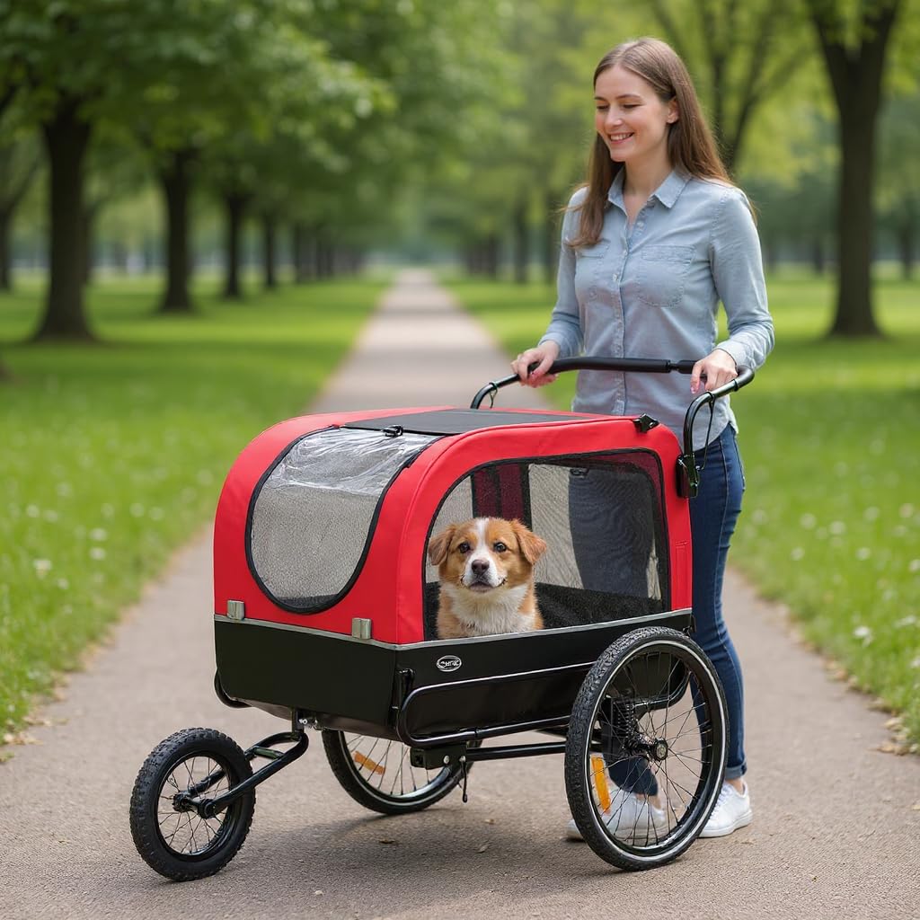 CXWXC Rimorchio della bicicletta per cani 2 in 1 Rimorchio della bicicletta per carrello del cane da jogger con ammortizzatore, rimorchio del cane Capacità massima di carico 40KG/88LBS (Rosso)