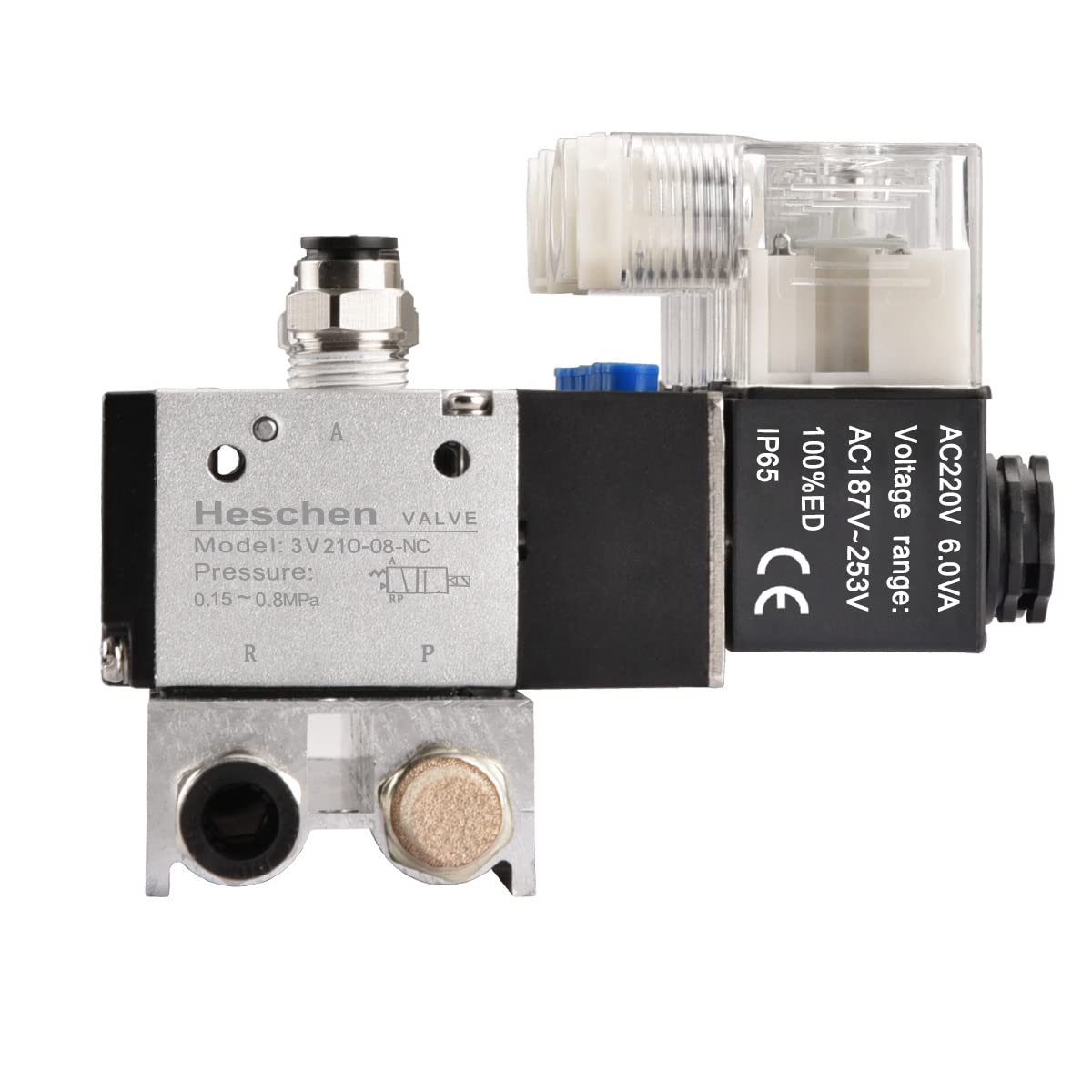 Heschen Elektryczny pneumatyczny 6 zaworów elektromagnetycznych, 3V210-08, AC220V, PT1/4, 3/2-drożny, zestaw szybkozłączki podstawy kolektora