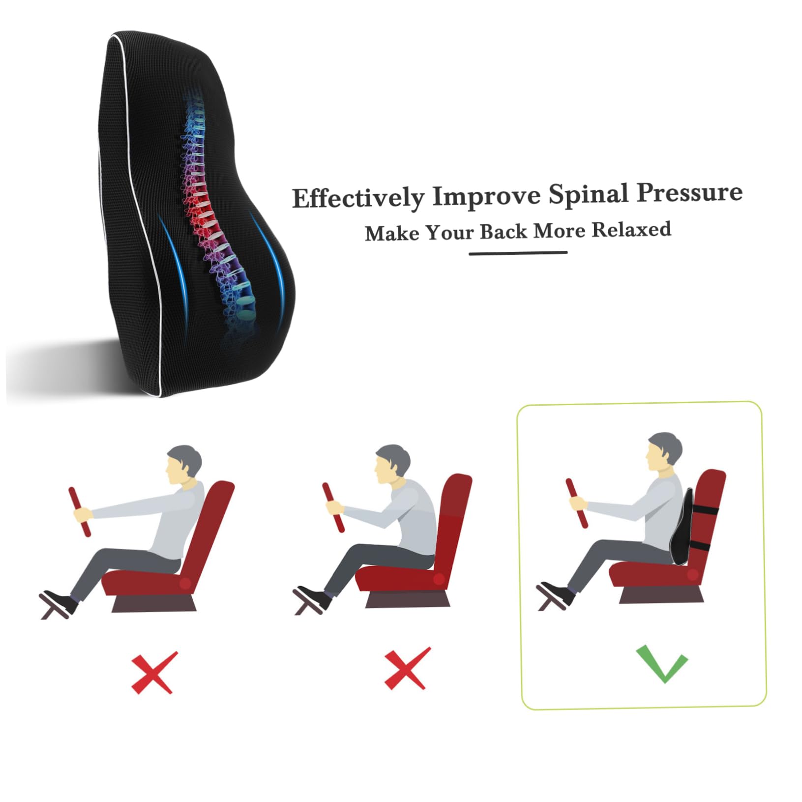 Cabilock Support Lombaire pour Voiture en Maille et Coton Mémoire Noir | Coussin de Soutien Lombaire pour Voiture, Design Simple, Entretien Facile, pour Sièges et Chaises de Bureau