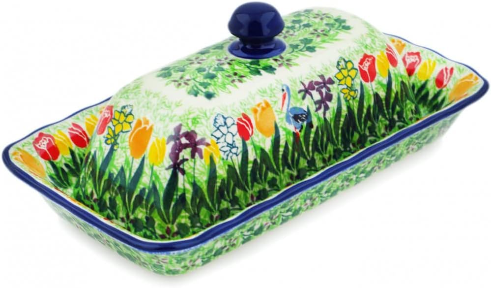 Polmedia Polish Pottery Butter Dish UNIKAT - Crane In Tulip Splendor Pattern Handmade in Boleslawiec Poland by Ceramika Artystyczna + Certificate of Authenticity