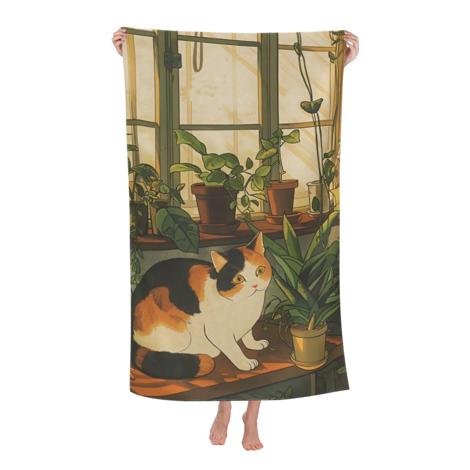 HLBSDM Calico Cat and Plants Beach Towel 31inx51in Garden Sand Free Microfiber Bath Towel Ultra Soft Quick Dry Pool Towel Absorbent Towel Lightweight Towel for Swimming Bathroom Decor