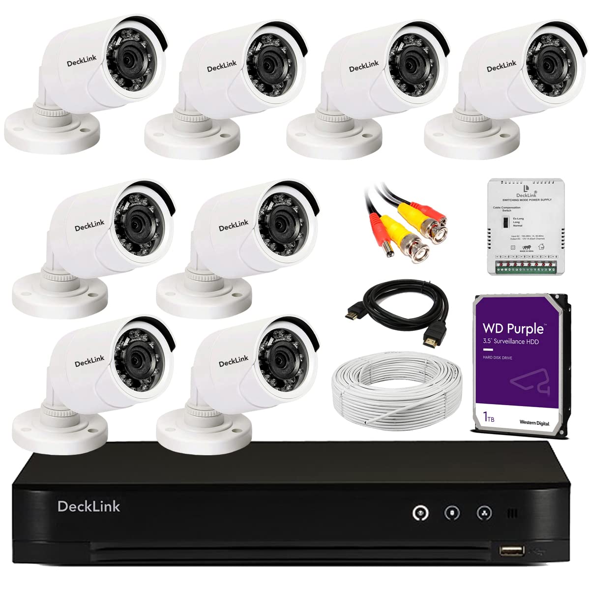 DeckLink 2.4MP Full HD 8 Bullet, 8Ch DVR Full HD 5IN1 Mode + 1TB Survillance Hardisk, 90mtr. Wire Role Full Combo Set-image-39