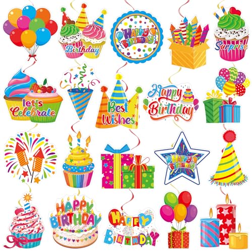 Image of 40Pcs Birthday Hanging Swirl Decorations, Colorful Cupcake Balloons Hat Sign Swirl Decor Happy Birthday Hanging Ornaments for Boy Girl Kid Party Supplies