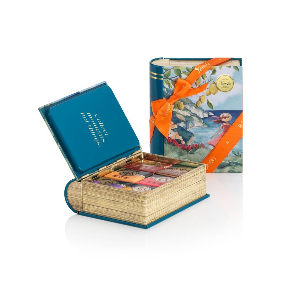 Venchi – Mini-Buch in Metalldose Italien mit Assortierten Granblend-Pralinen, Milchschokolade, Zartbitterschokolade, Himbeere, Minze, 125 g, Glutenfrei, Ohne Farbstoffe, Ohne Konservierungsstoffe