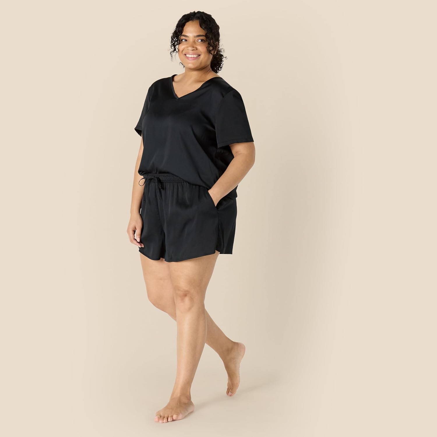 Amazon Essentials Women's Relaxed Fit Satin Short Sleeve V-Neck T-Shirt and Short Sleepwear Set - Image 6