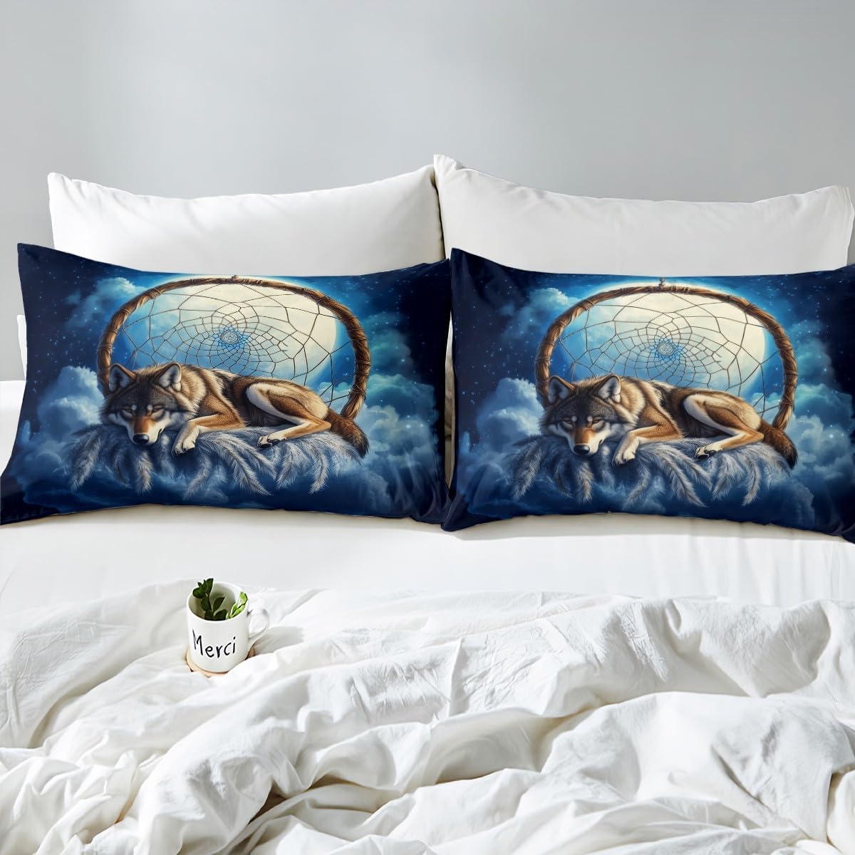 Manfei Wild Wolf Duvet Cover Toddler Size,Tribal Dreamcatcher Ethnic Feather Bedding Set 2 Pcs for Boys Girls,Jungle Animal Starry Blue Sky Moon Clouds Trippy Comforter Cover(No Filler)
