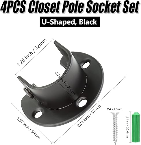 Vista 28 de Juego de 4 soportes para barra de armario, soporte de barra de cortina de 3/4 pulgadas, soporte negro para barra de armario, brida de armario