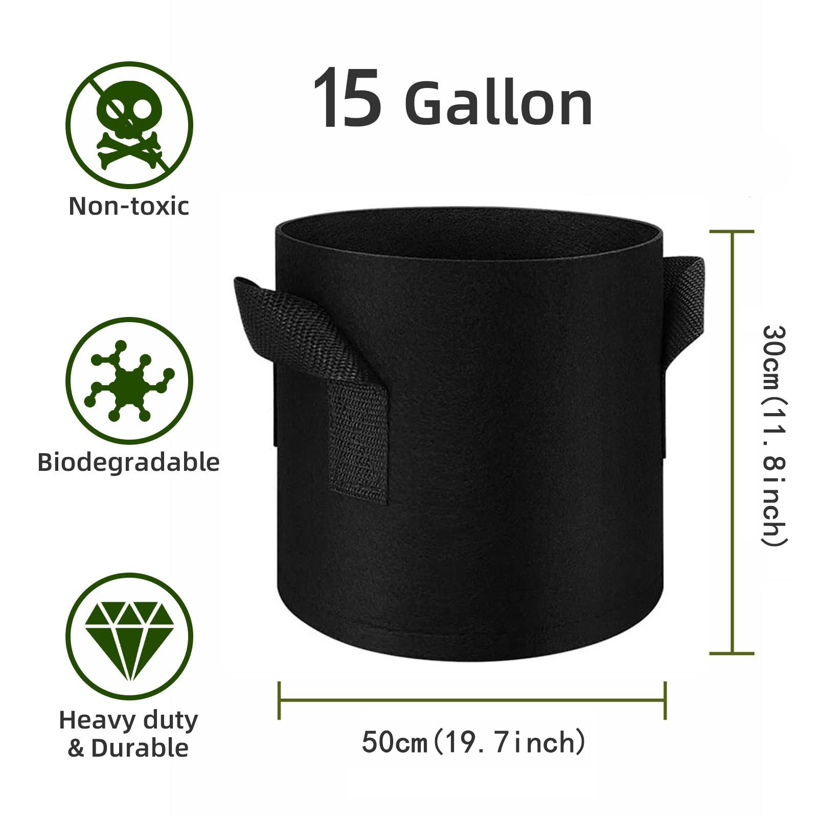 Paquete de 12 bolsas de cultivo de plantas de 15 galones, contenedores de bolsas de vegetales, macetas de tela no tejida gruesa con asas, plantas, frutas al aire libre (negro)
