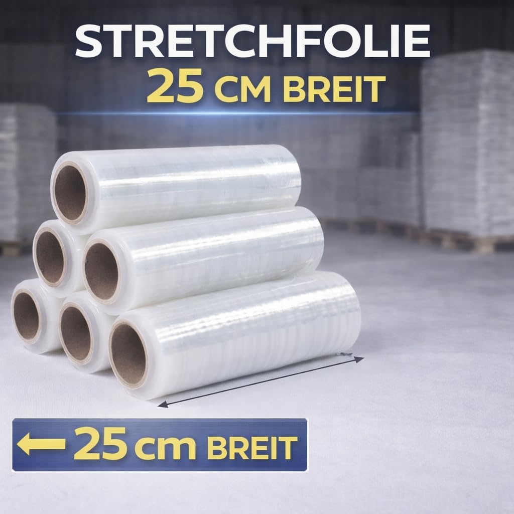 Stretchfolie Strechfolienrolle Transparent - 12 Rollen - 150 m/25cm - 23 µm - Handwickelfolie für Paletten & Versand - Folien Für Umzug - Wickelfolie - 150% Dehnbar - Umzugsfolie