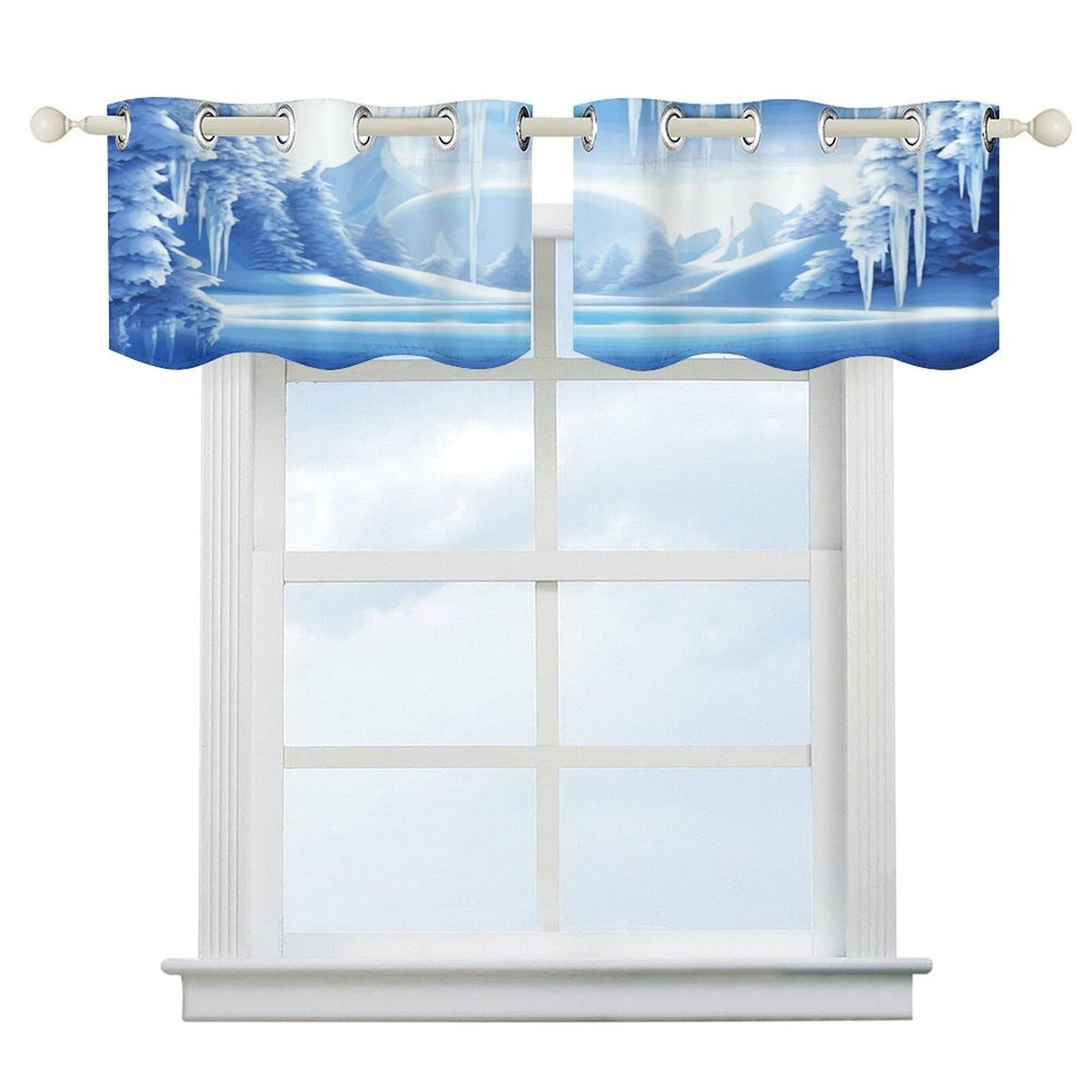 Cortinas opacas para cocina y baño con motivos de hielo ártico moderno, cenefa corta
