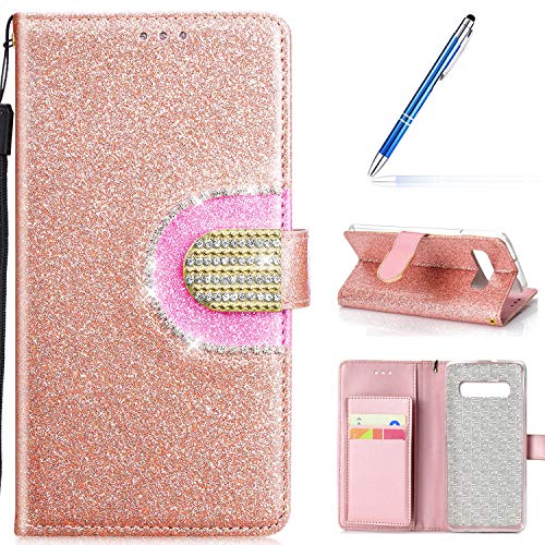 Robinsoni Case Compatible with Samsung Galaxy S10 Plus Phone Case Wallet Leather Phone Cover Kickstand Case Folio Flip Phone Cover Shockproof Heavy Duty Case Sparkle Bling Case Rose Gold