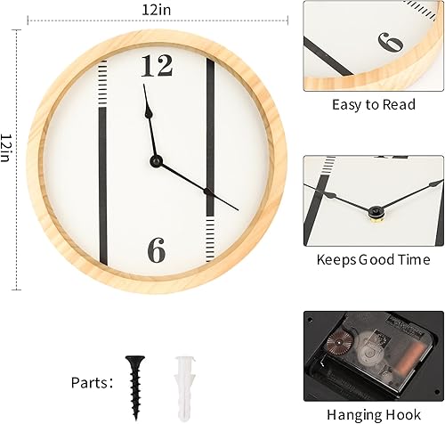 Miniatura 5 de KULEDM Reloj de pared redondo de madera de 12 pulgadas, silencioso, sin tictac, pantalla digital analógica, funciona con pilas, perfecto para sala