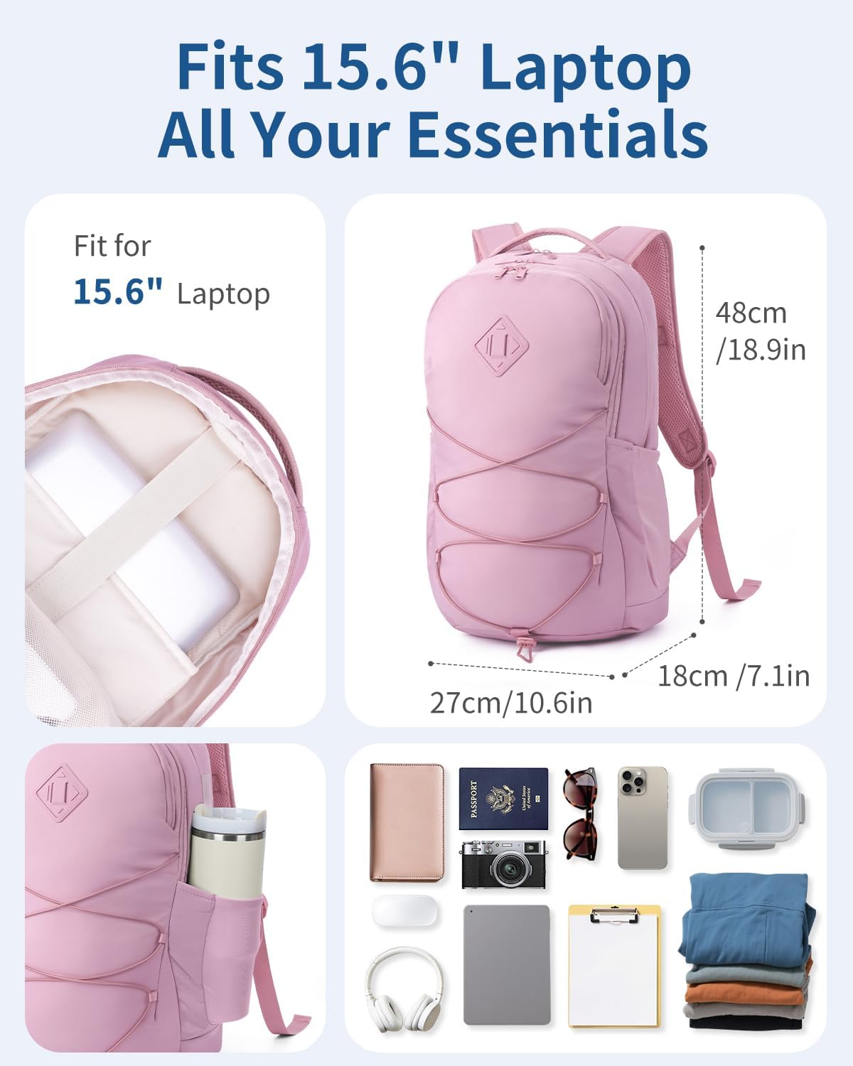WANDF 15.6-Inch Laptop Backpack for Women, Travel Backpack Water-Resistant Lightweight College Backpack for Work Casual Business Weekender (Pink)