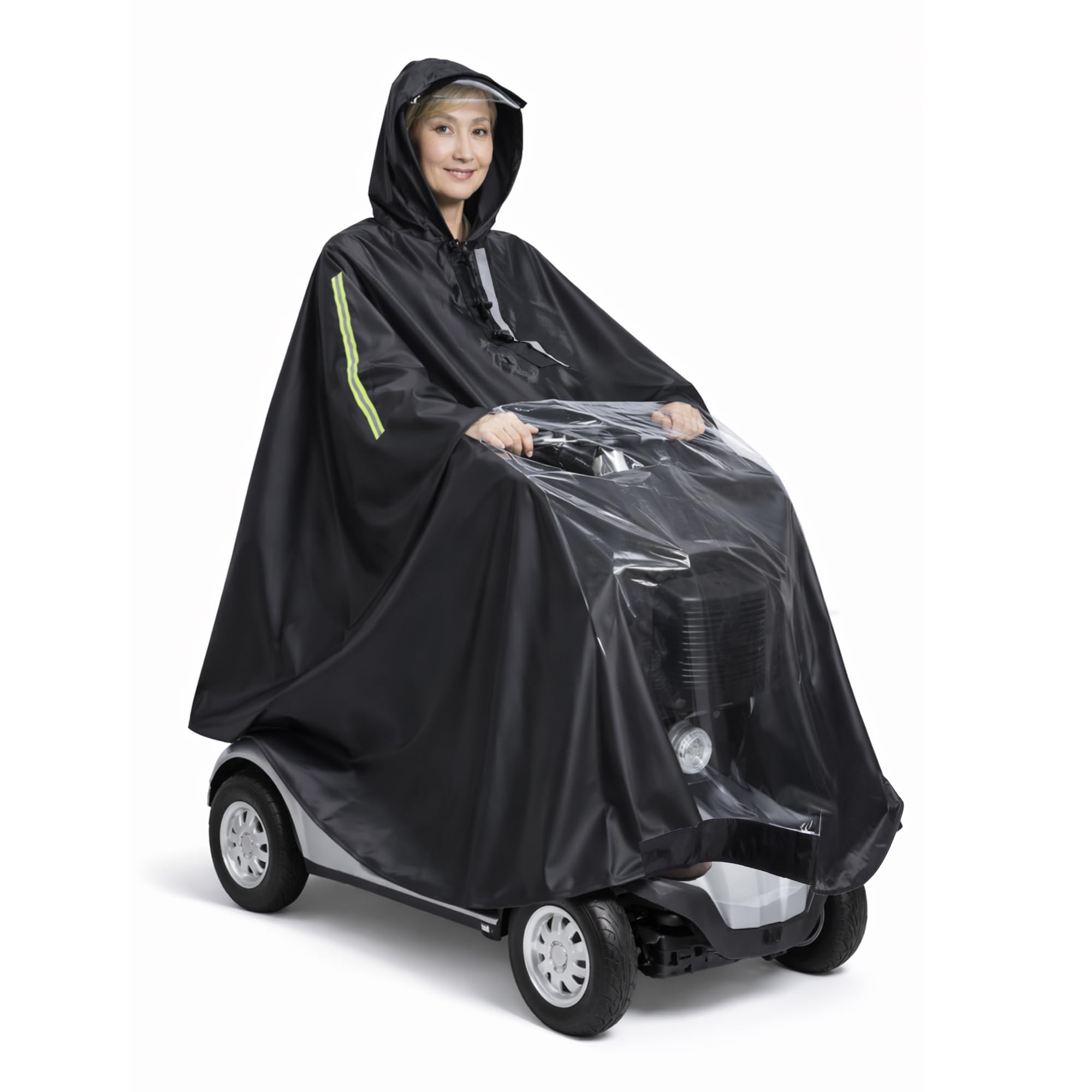 Mobility Scooter Cape, High Visibility Electric Scooter Rain Poncho, Reflective Hood Peak, Unisex Waterproof Mobility Scooter Cover, Mirror Accessible, Black