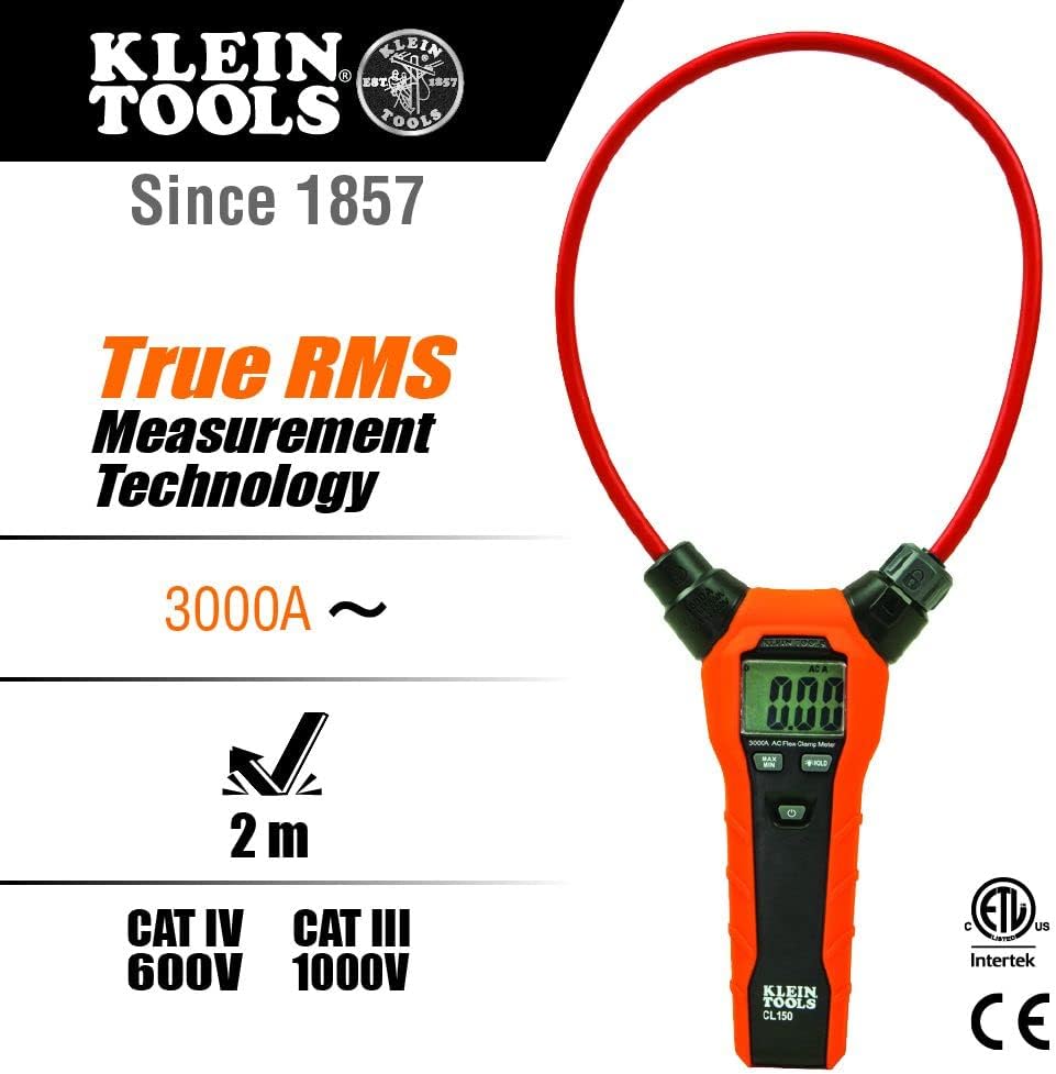 Klein Tools Clamp Meter Bundle with Flexible 18" Clamp, Line Splitter for Outlets, and Storage Pouch - Measure Current Up to 3000A