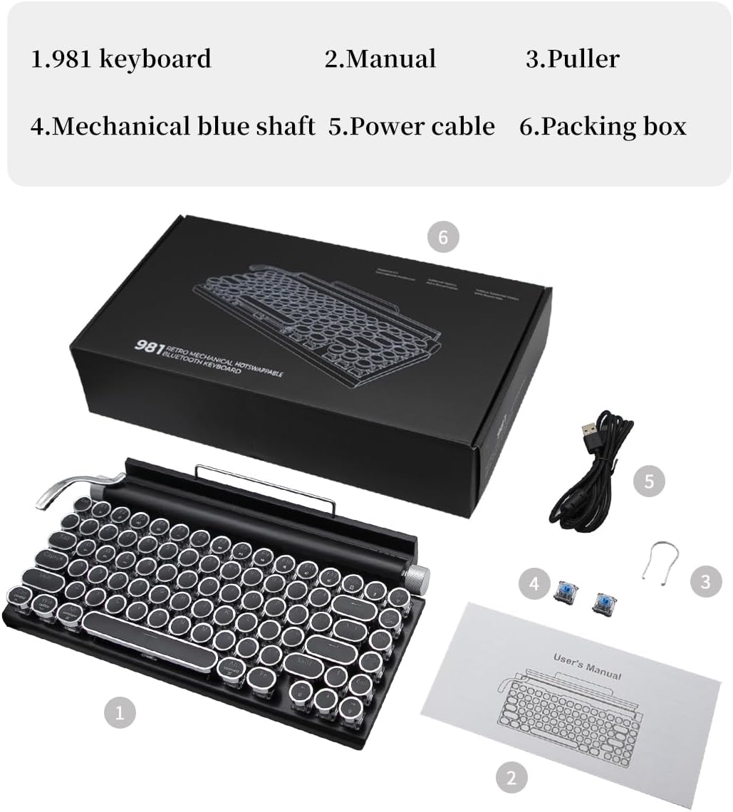 Retro Typewriter Mechanical Keyboard - Bluetooth 5.0, Ergonomic Design, RGB Backlight, Blue Key Switches, Multi-Device Control (Black)