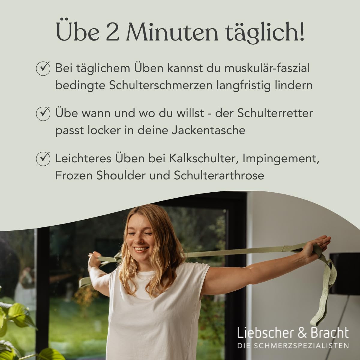 Liebscher & Bracht Original Schulterretter – Dehnungsgurt mit Schlaufen für einfaches Üben bei Schulterschmerzen – Dehnungsband aus 100% Baumwolle inkl. Übungen in der App – Made in Germany