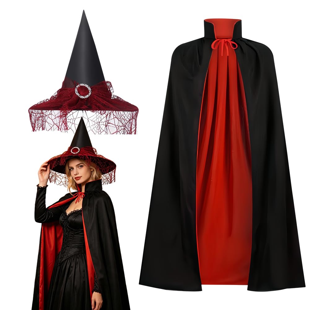 HATFRYF Halloween Vampire Cape, Black Red Double Cloak Cape, for Unisex Adult Cosplay Rave Halloween Costumes - 140cm