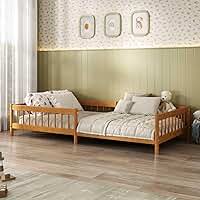IDIMEX Cama Montessori Reforçada Infantil com Pés Elevados 90x190cm em Madeira com Estrado e Grade de Proteção Cor Mel Dudy