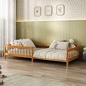 IDIMEX Cama Montessori Reforçada Infantil com Pés Elevados 90x190cm em Madeira com Estrado e Grade de Proteção Cor Mel Dudy