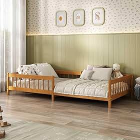 IDIMEX Cama Montessori Reforçada Infantil com Pés Elevados 90x190cm em Madeira com Estrado e Grade de Proteção Cor Mel Dudy