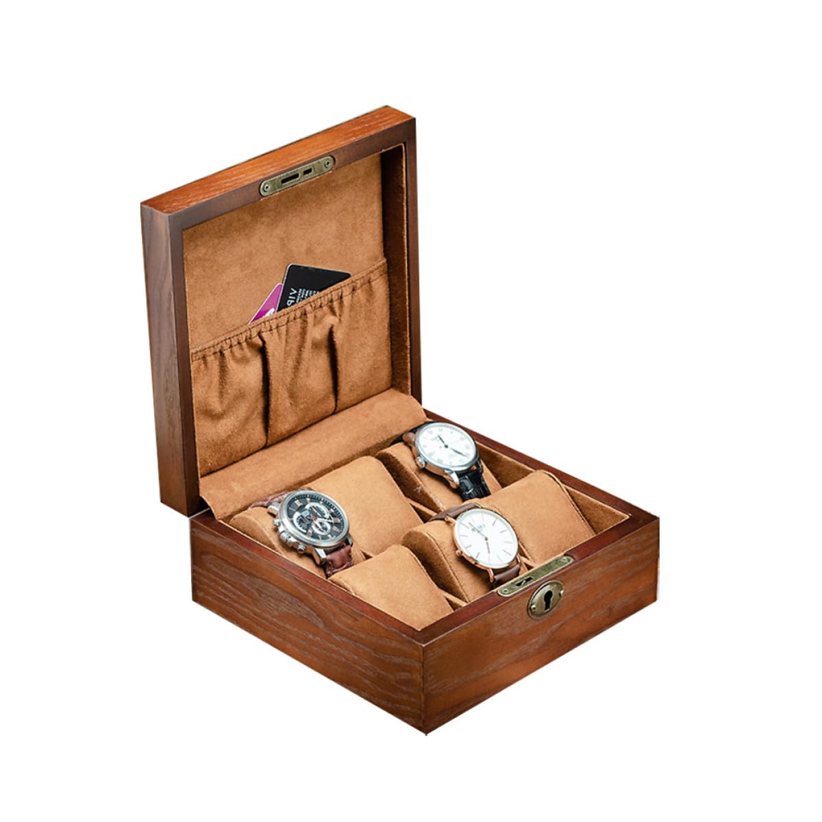 Boîte à Montres en Bois Carrée à 6 Emplacements avec Serrure