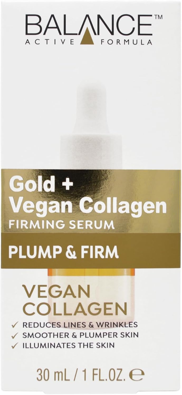 Balance Active Formula Gold + Vegan Collagen Firming Serum – Luxurious Glow with Gold, Youthful Skin Tightening, Lightweight & Non-Greasy, Proven Results – 30ml