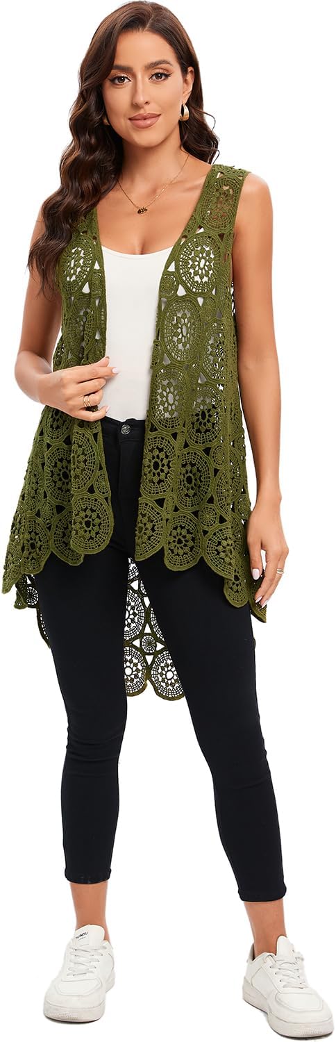 Women's Crochet Lace Vest Boho Sleeveless Kimono Irregular Hem Cardigan