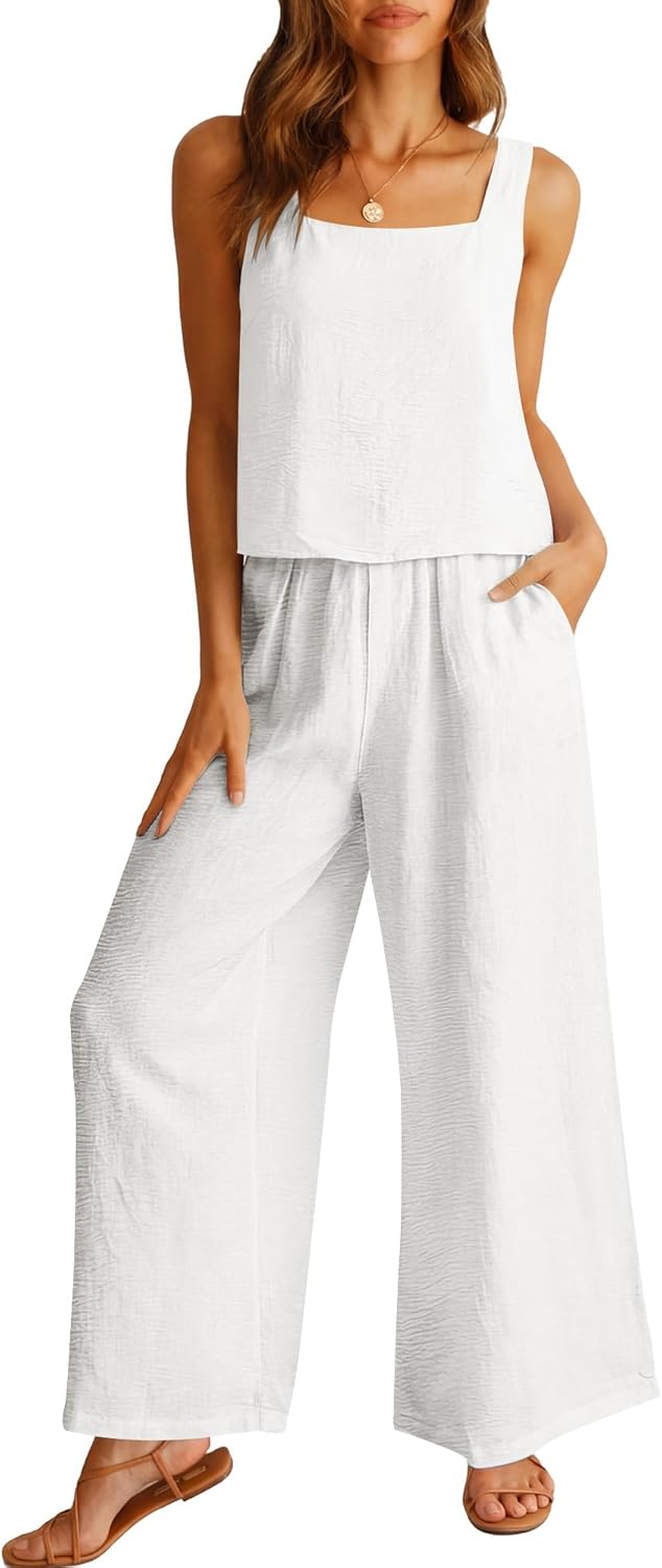 ANRABESS 2 Piece Sets for Women Outfits Lounge Matching Casual Travel Wide Leg Pants Crop Top Summer Vacation Beach Clothes