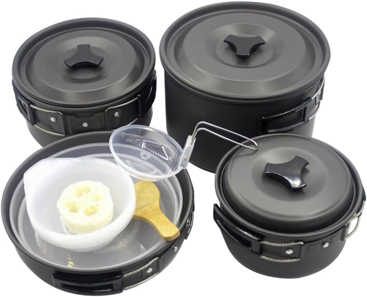 POPETPOP 1set Camping Cooking People Portable Picnic Cookware Pots and Pans Lightweight Outdoor Cooking Tool for Hiking and Camping Black