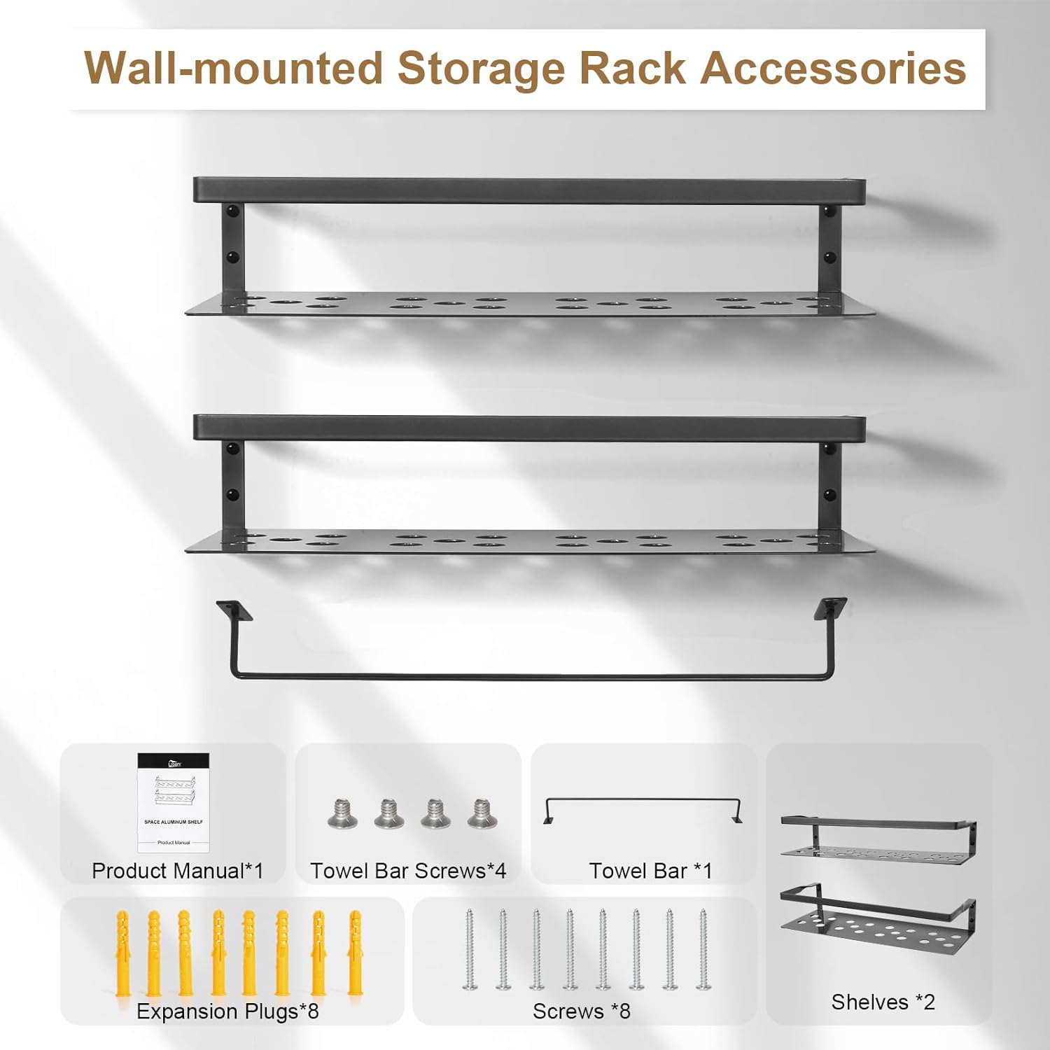 Uten Floating Shelves, Wall Mounted Iron Shelves Set of 2, Bathroom Storage Iron Shelves with Towel Rack, Wall Hanging Organizer Decor Shelf for Bathroom, Kitchen, Bedroom, Living Room