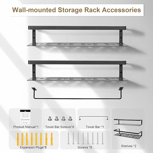 Miniatura 7 de Uten Estantes flotantes, estantes de hierro para montar en la pared, juego de 2, estantes de hierro con toallero, organizador para colgar en la