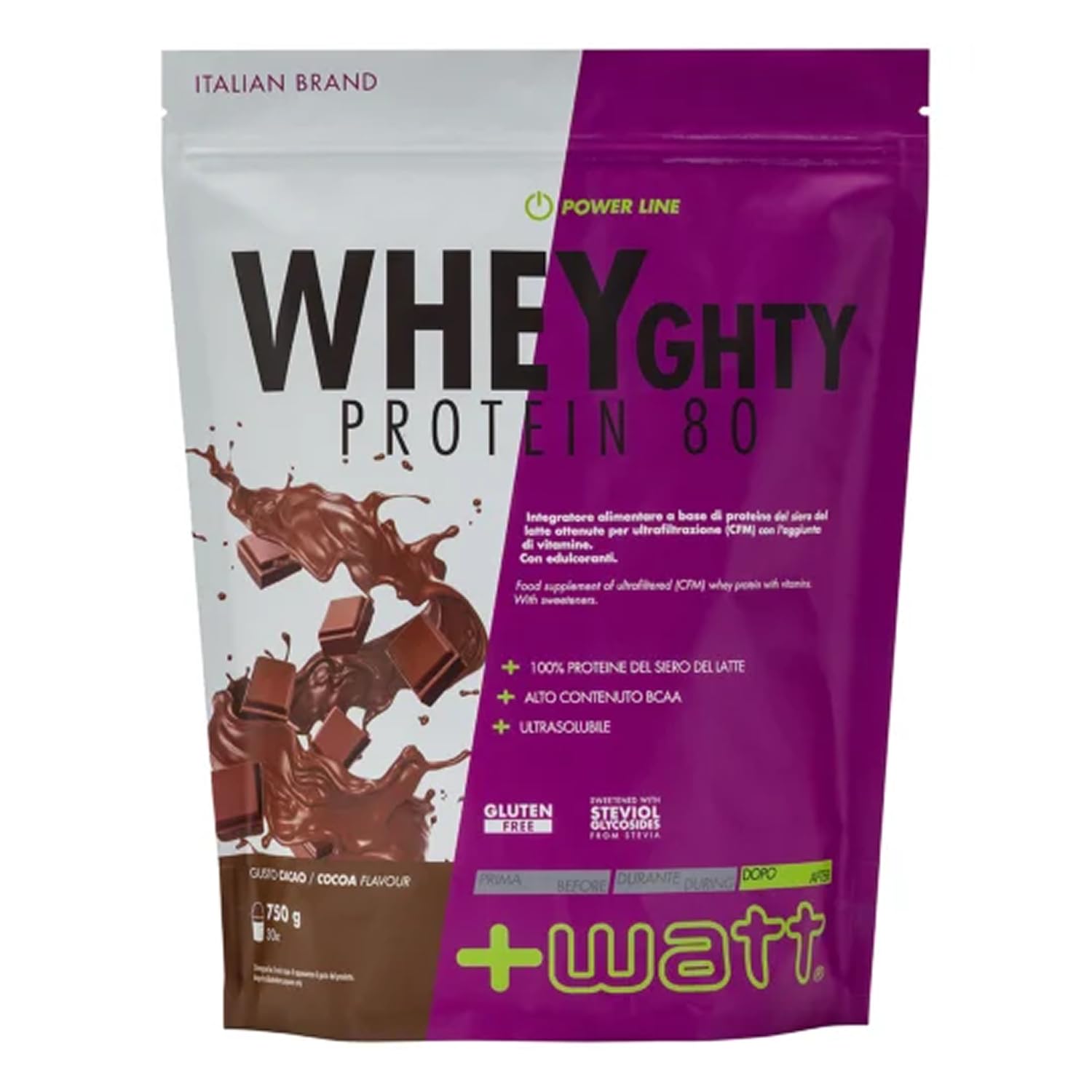 Wheyghty Protein 80 - Integratore a Base di Proteine del Latte all'80% - Formato: 750 g Doypack - Gusto: Cacao