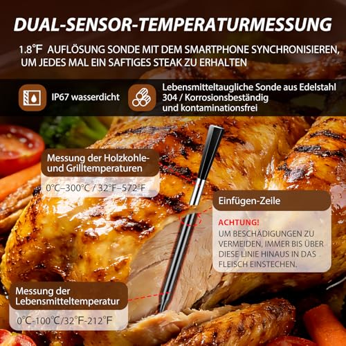 Robuste Edelstahlsonde des Fuutilake Smart-Thermometers misst bis 300°C - Detailansicht von Fuutilake Fleischthermometer...