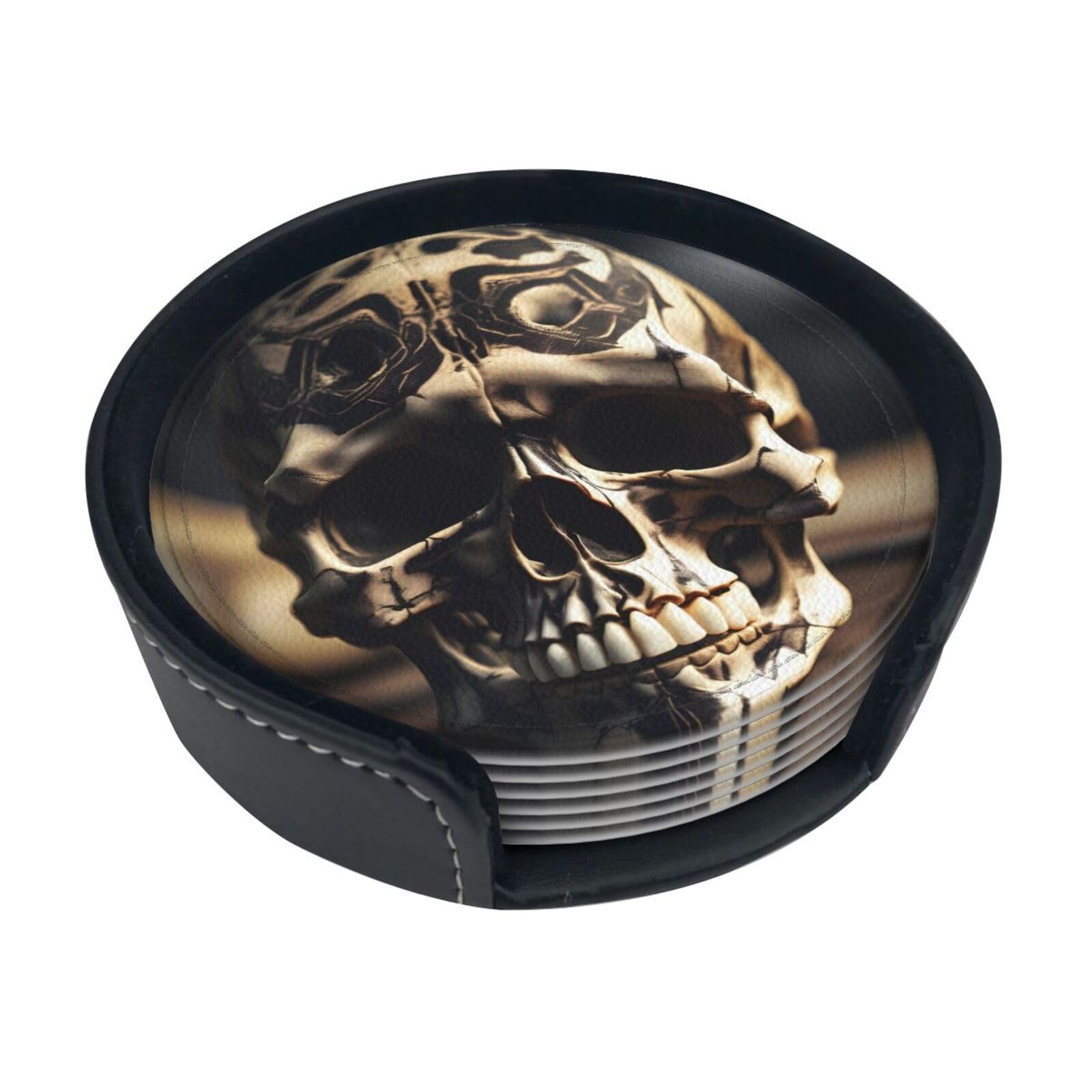 Skull Rock Roll Skeleton Bone Print Round Coasters Set Of 6,Coaster For Tabletop Protection Home Bar Decor