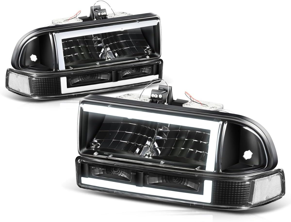 PM PERFORMOTOR Switchback Dual LED L-Shape Headlights+Bumper Lights Compatible with 98-04 Chevy Blazer S10,Black Housing Clear Corner