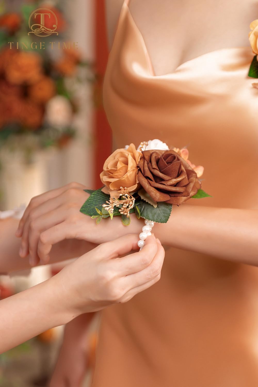 TINGE TIME Set of 2 Wrist Corsage Bracelets Pearl Wristlet Band Bridesmaid Bracelet for Wedding Ceremony Bridal Shower Wedding Artificial Flower Prom (Terracotta)
