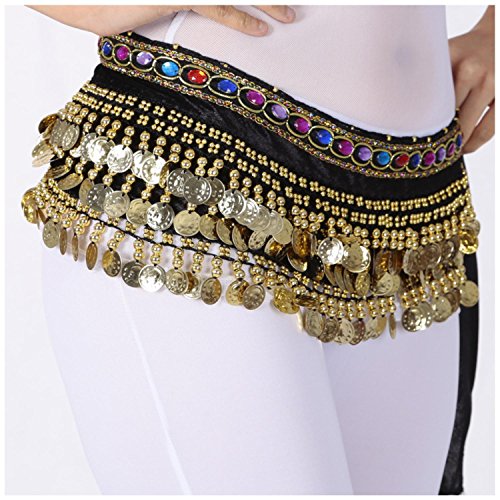 Image of VRITRAZ Women's Chiffon Belly Dance Hip Scarf Waistband Belt Skirt Mixed Colors Beads and Golded Coins 56 Black