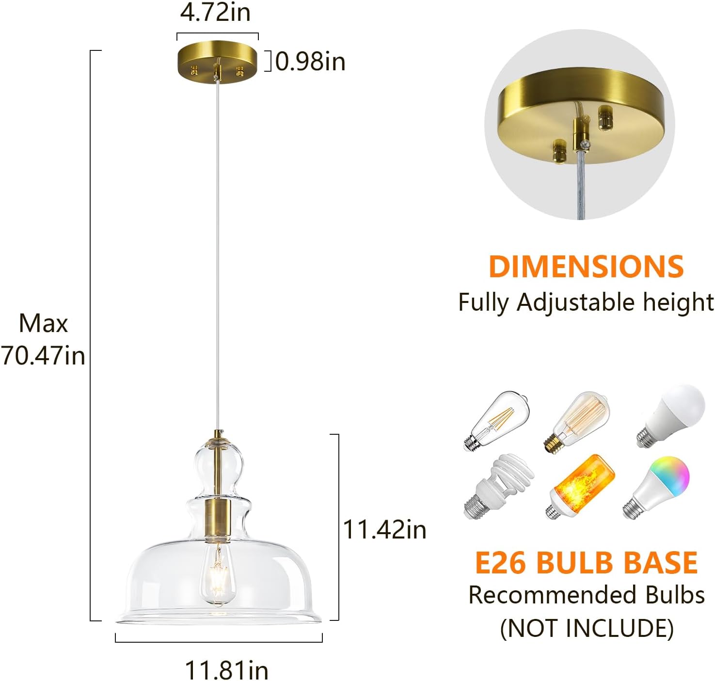 Large Glass Pendant Lights Kitchen Island Gold Pendant Light Fixture with 11.81 in Clear Seeded Glass Chandelier for Bedroom Dining Room Island Pendant Lighting (1 Pack)