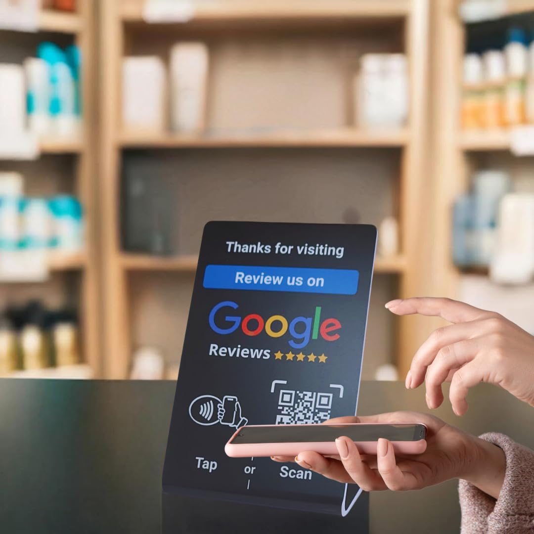 NFC Tap Google Review Stand - Boost Customer Feedback with Tap & Scan QR - No App, No Subscription - Works on iPhone & Android (Black, 1 Pack - 4.13"x2.75")