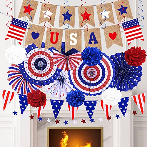 Image of 4th of July Patriotic Decorations Set- Fourth of July American Flag Party Supplies, Red White Blue Paper Fans, Star Streamer, Hanging Swirls, Flower Balls, USA Banner Flag Pennant Bunting Party Favors